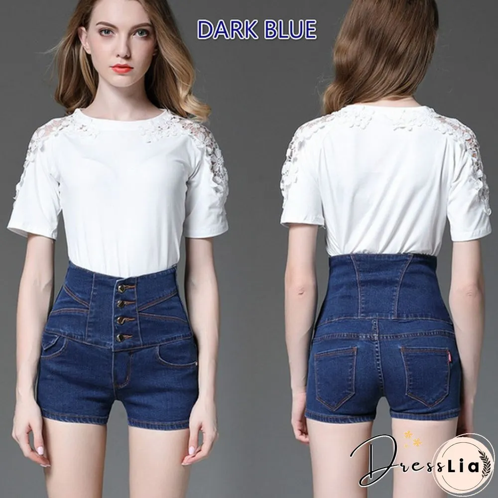 Brand Women Denim Shorts High Waist Slim Plus Size Multi-button Shorts