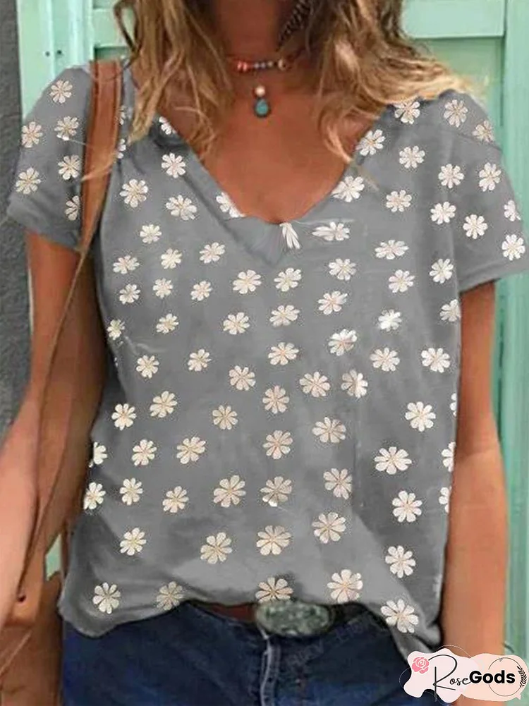 Gray Short Sleeve Casual V Neck Top