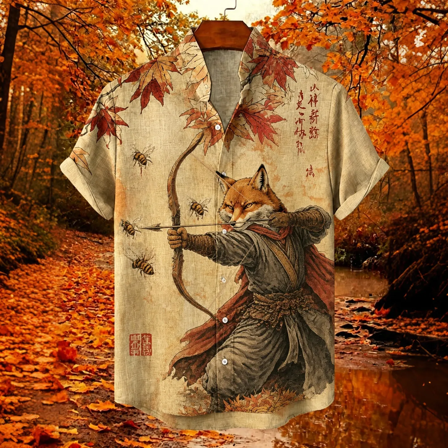 Men's Retro Samurai Fox In Fall Japanese Archery Graphic Print Short Sleeve Shirt  artssus