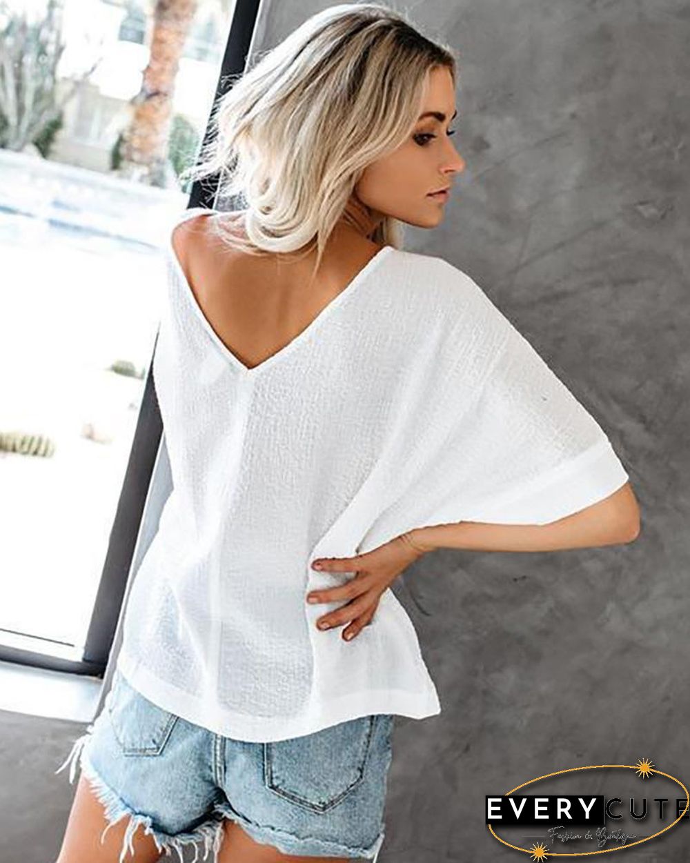 Double-sided V-neck Button Short-sleeved T-shirt Women P11305