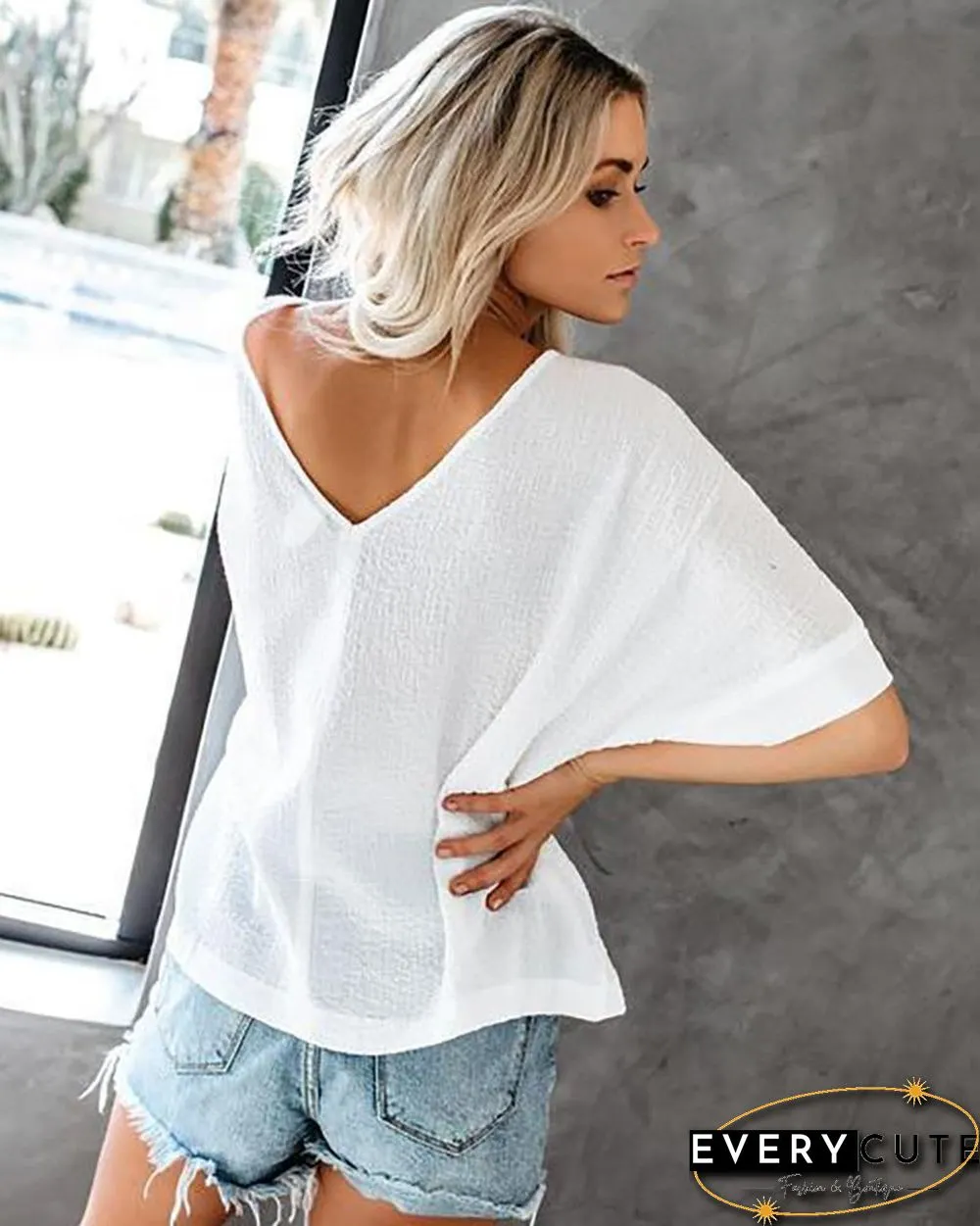 Double-sided V-neck Button Short-sleeved T-shirt Women P11305