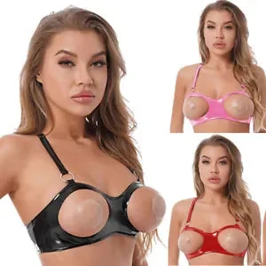 pornhint Pornhint Womens Latex Lingerie Hollow Out Nipples Bra Tops Harness Elastic Cupless Crop