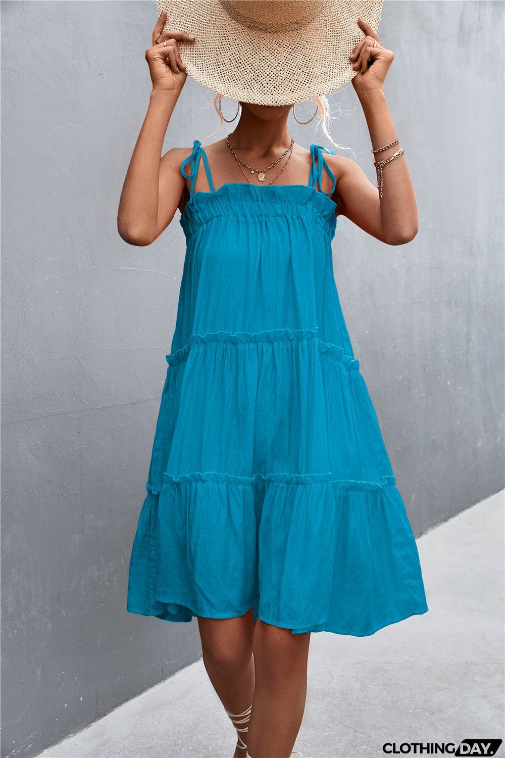 Tie-Shoulder Frill Trim Sleeveless Dress