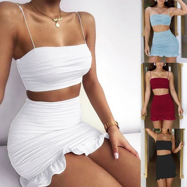 Summer 2020 Women Set Spaghetti Strap Crop Top White Sexy And Mini Bodycon Skirt Ruffles Party Outfit Club Two-Piece Sets