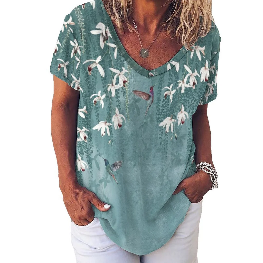 V-neck Short Sleeve Casual T-shirt for  Women Printed with Pattern Floral, Blue, White