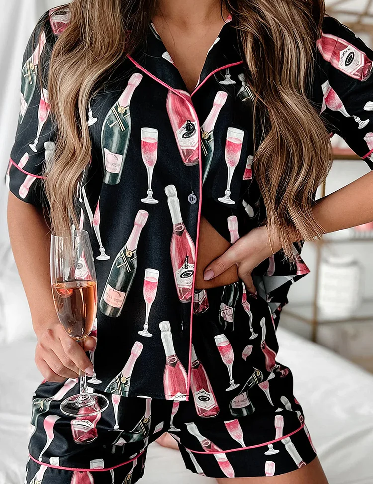 Women's Black Champagne Short Sleeve Pajama Set