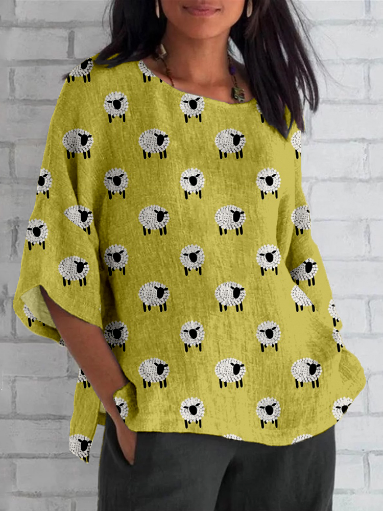 Comstylish Cute Sheep Pattern Linen Blend Cozy Tunic