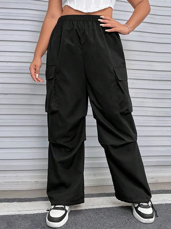 Elasticity Pleated Pockets Solid Color High Waisted Loose Trousers Pants