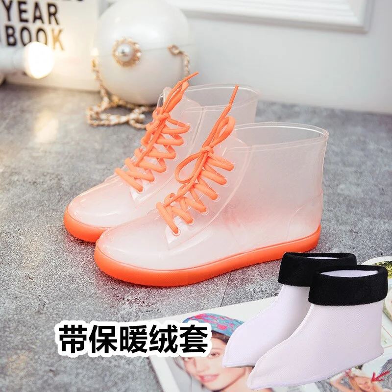 Jelly Transparent Anti-Slip Fashion Waterproof Shoes Rainshoes Rain Boots Shoe Cover Woolen Cotton Rubber Boots Female Short