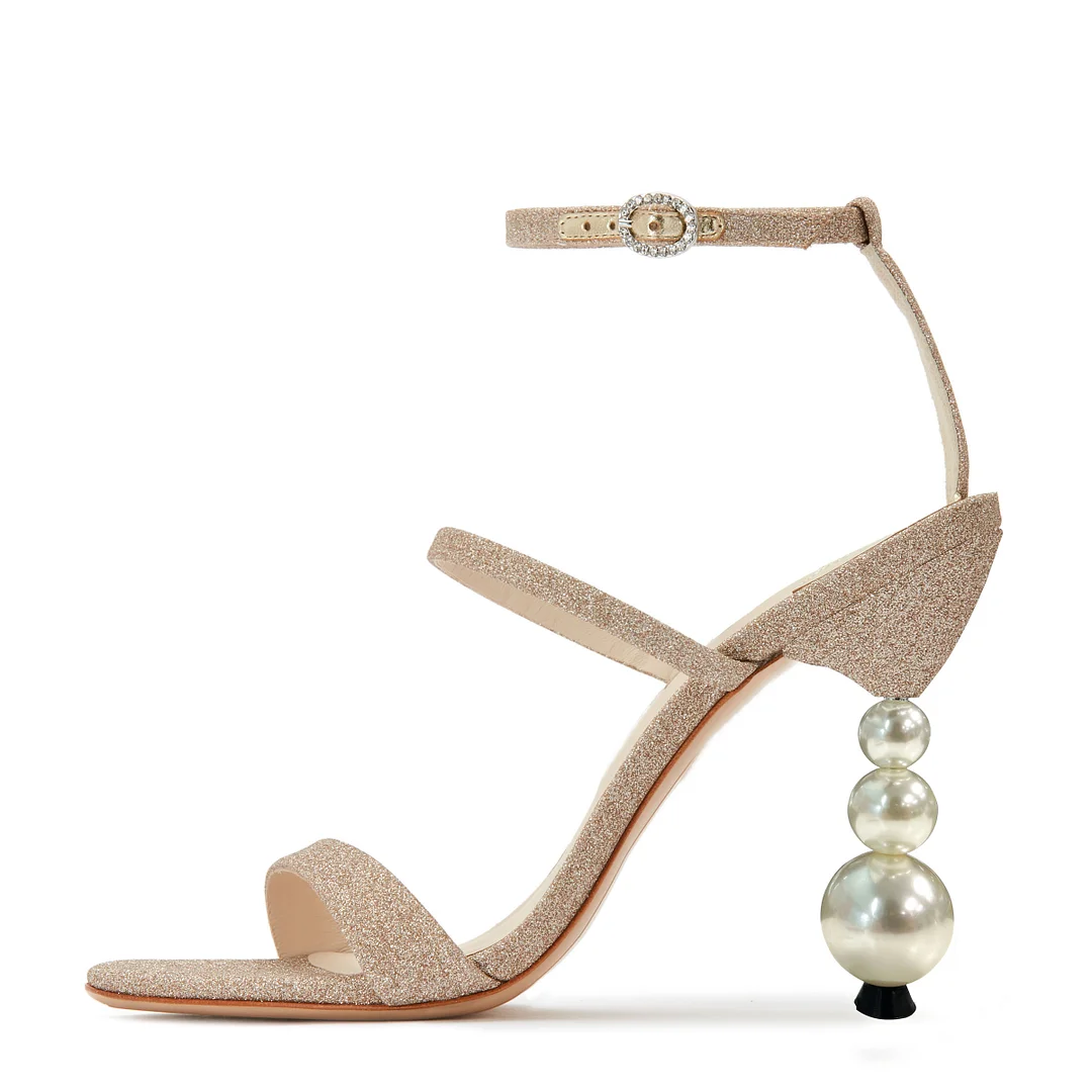 Gold Glitter  Sandals Ankle Strap Pearl Decorative Heels Nicepairs