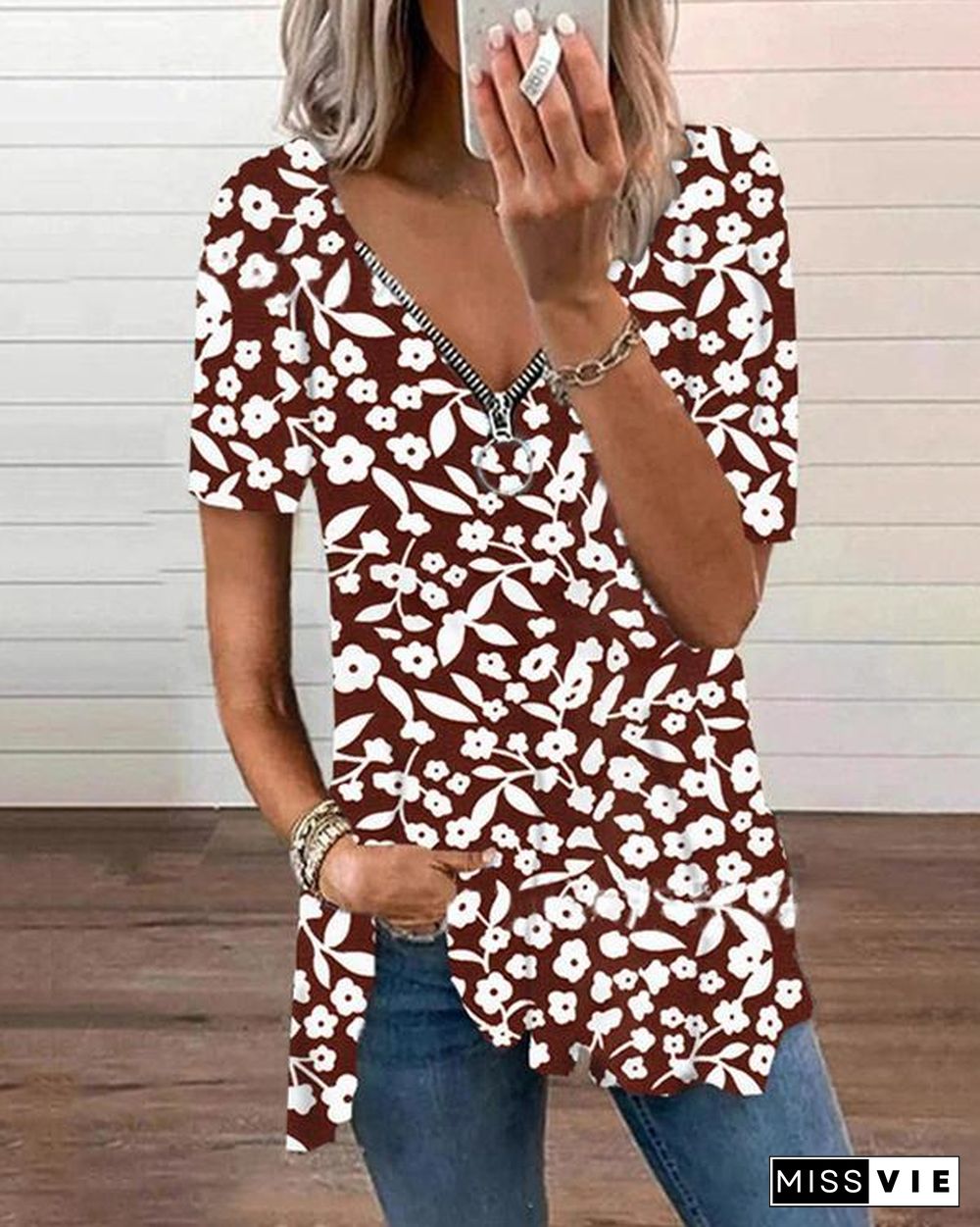 Zipper Flower Print Short Sleeve Tops