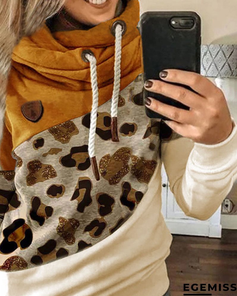 Lantern Sleeve Colorblock Leopard Print Hooded Top | EGEMISS
