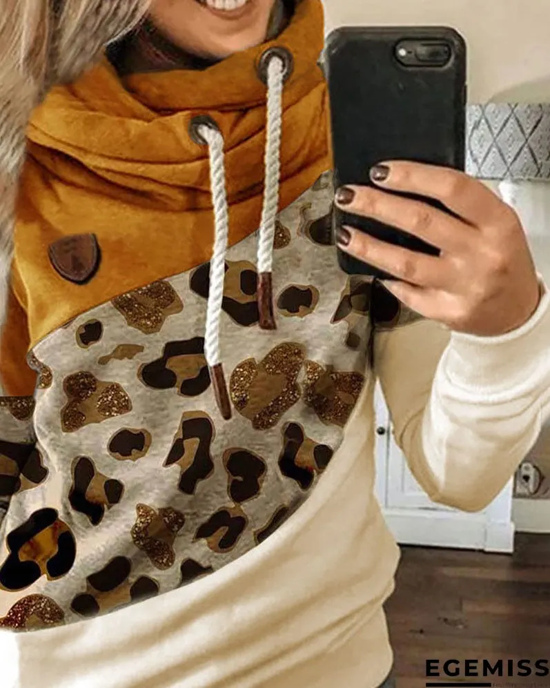 Lantern Sleeve Colorblock Leopard Print Hooded Top | EGEMISS