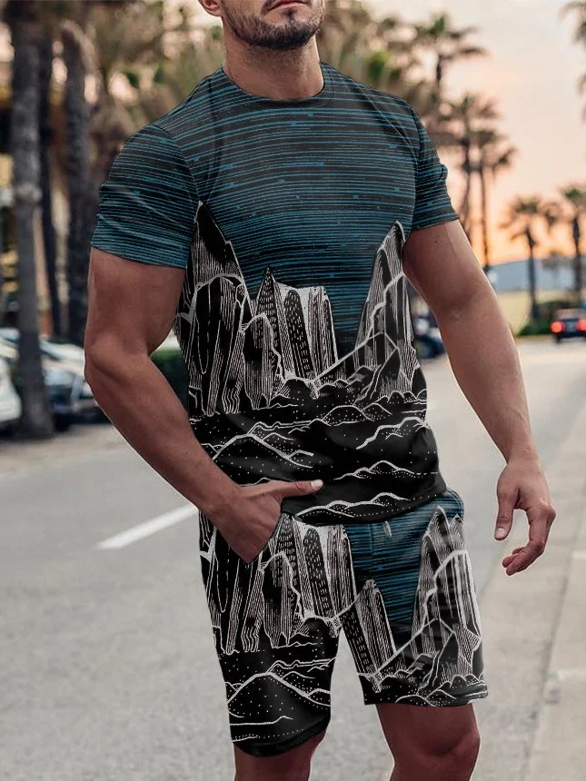 Black Men's Street Fashion Line Printed Casual Suit.jpg