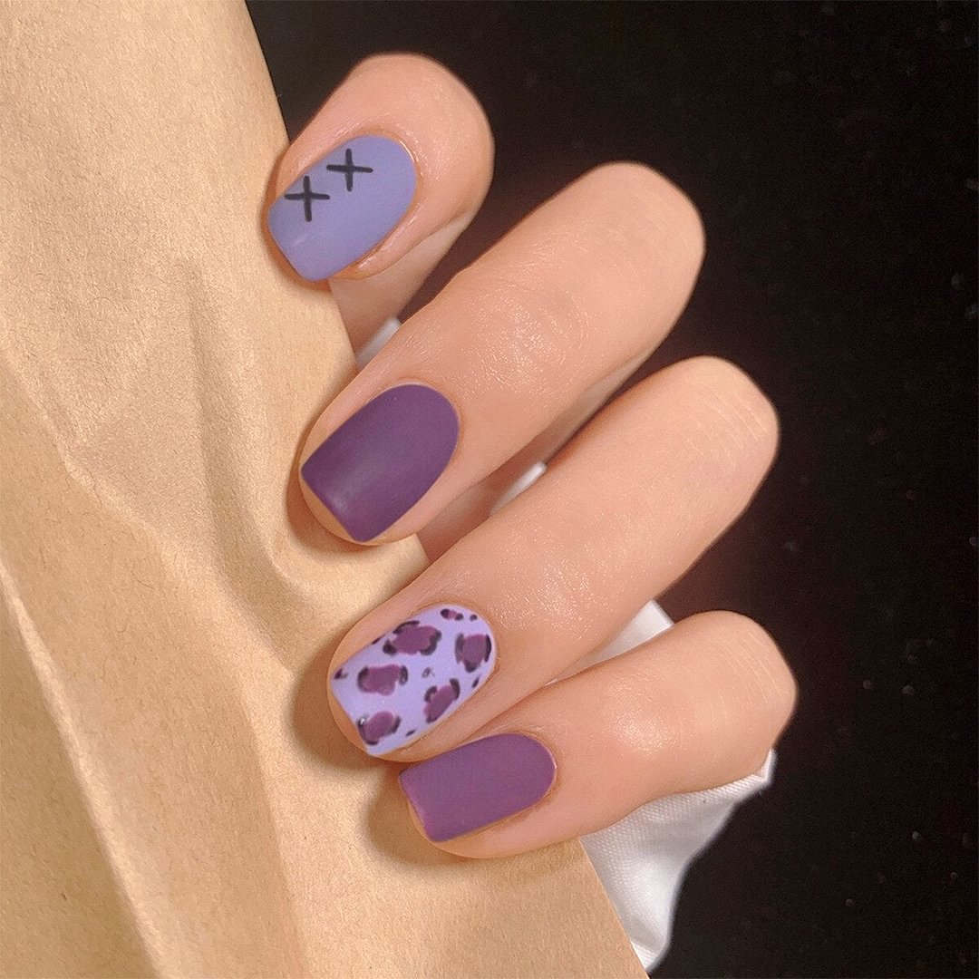 24pcs Leopard Print Purple Fake Nails Full cover Fake Nails Glue DIY Manicure Nail Art Tools