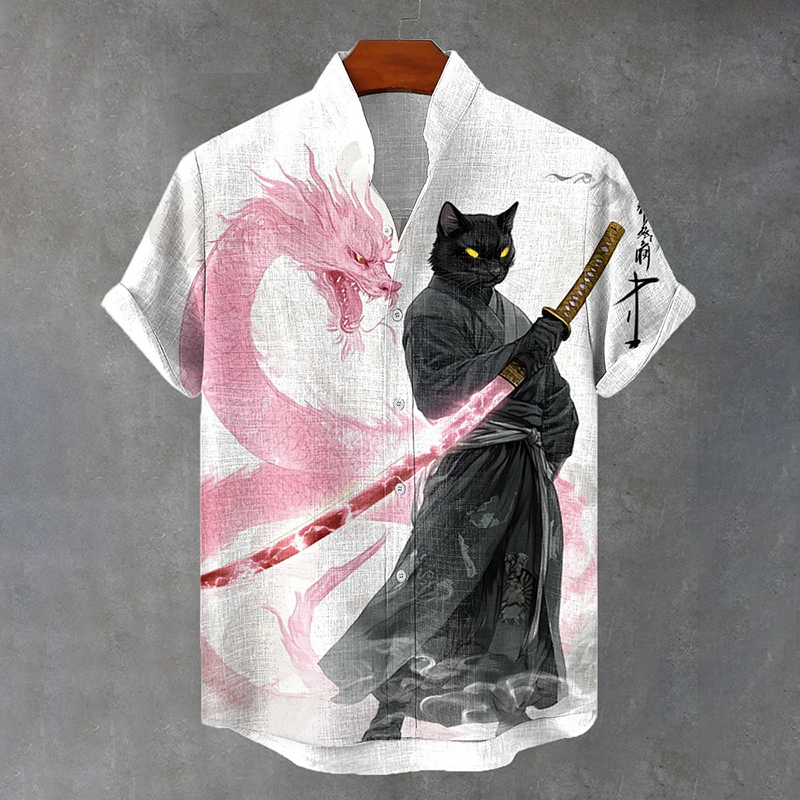 Men's Retro Dragon Black Cat Samurai Art Print Short Sleeve Shirt  artssus