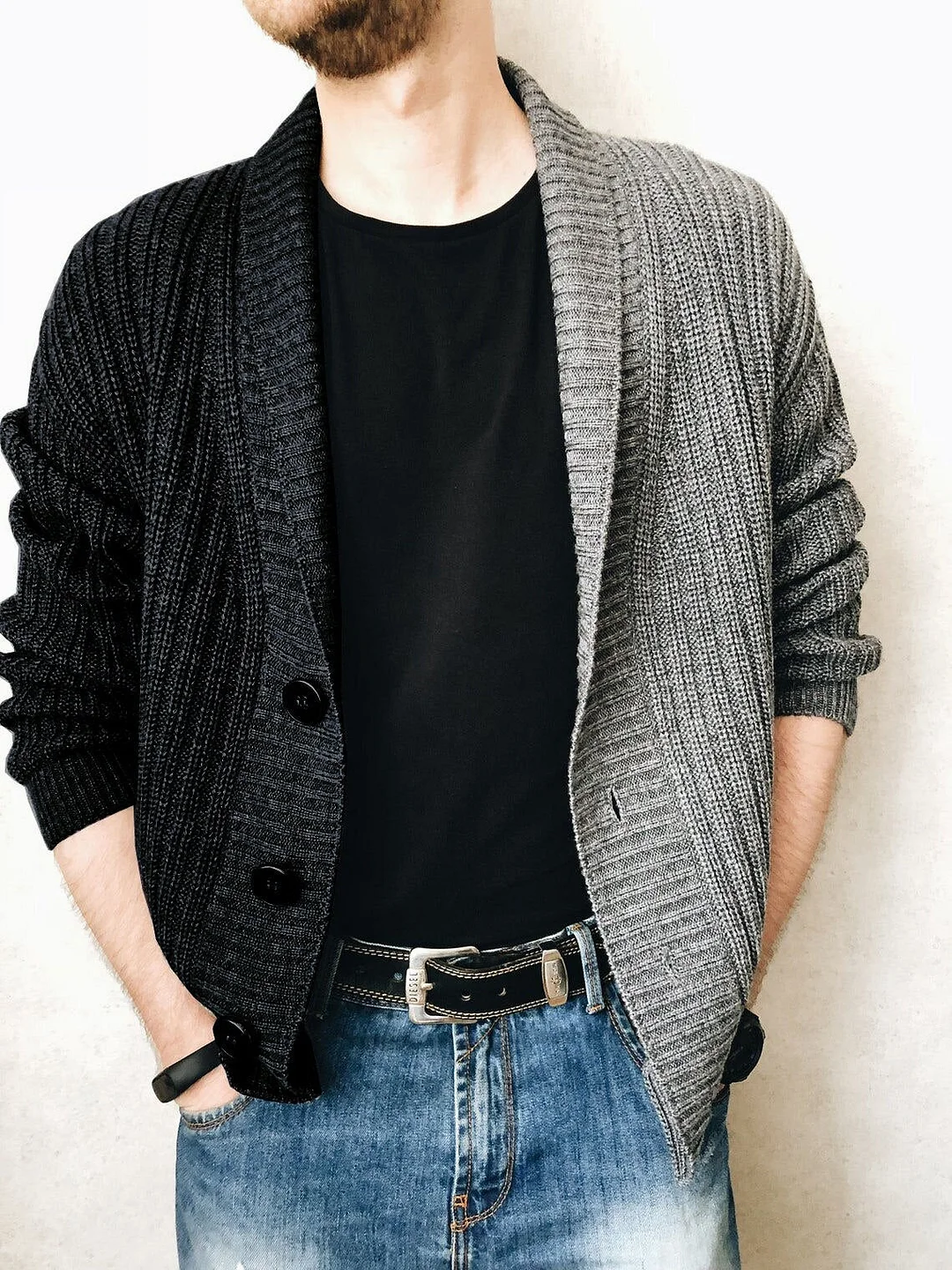 Men's new autumn two-color mosaic V-neck cardigan sweater loose large sweater clothes Green gray sweaters for wool coat S-3XL