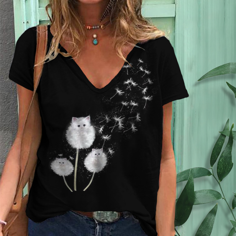 Casual Cat Dandelion Print Long Sleeve T-Shirt wearshes