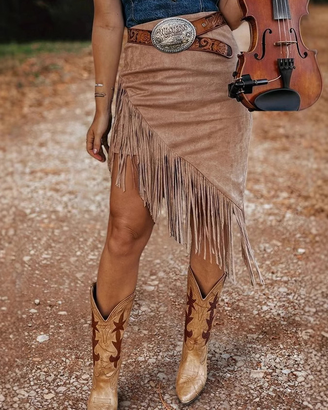 Asymmetric Fringed Detail Suede Mini Skirt