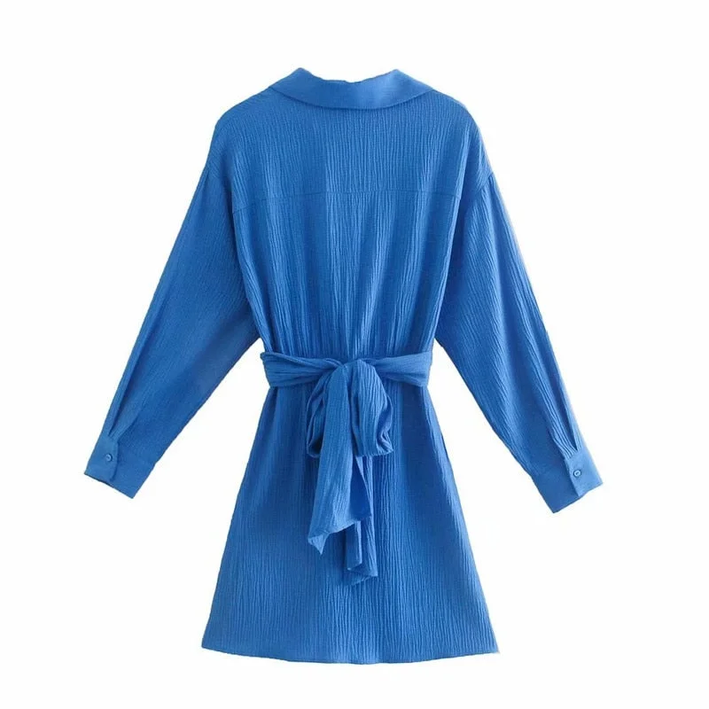 ZA 2021 Blue Belted Mini Shirt Dress Women Long Sleeve Pleated Elegant Office Lady Dress Fashion Button Up Ruched Summer Dresses