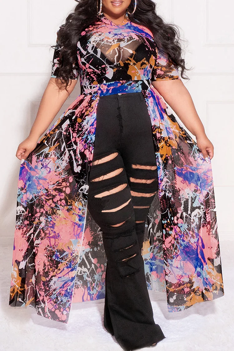 Plus Size Boho Pink Daily All Over Print Mesh Puff Sleeves Blouses With Tulle Skirt