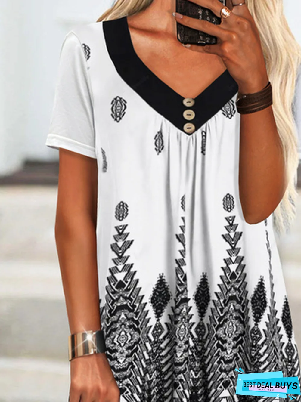 Geometric Tribal Printed Casual V Neck Loosen Plus Size Short Sleeve T-Shirt