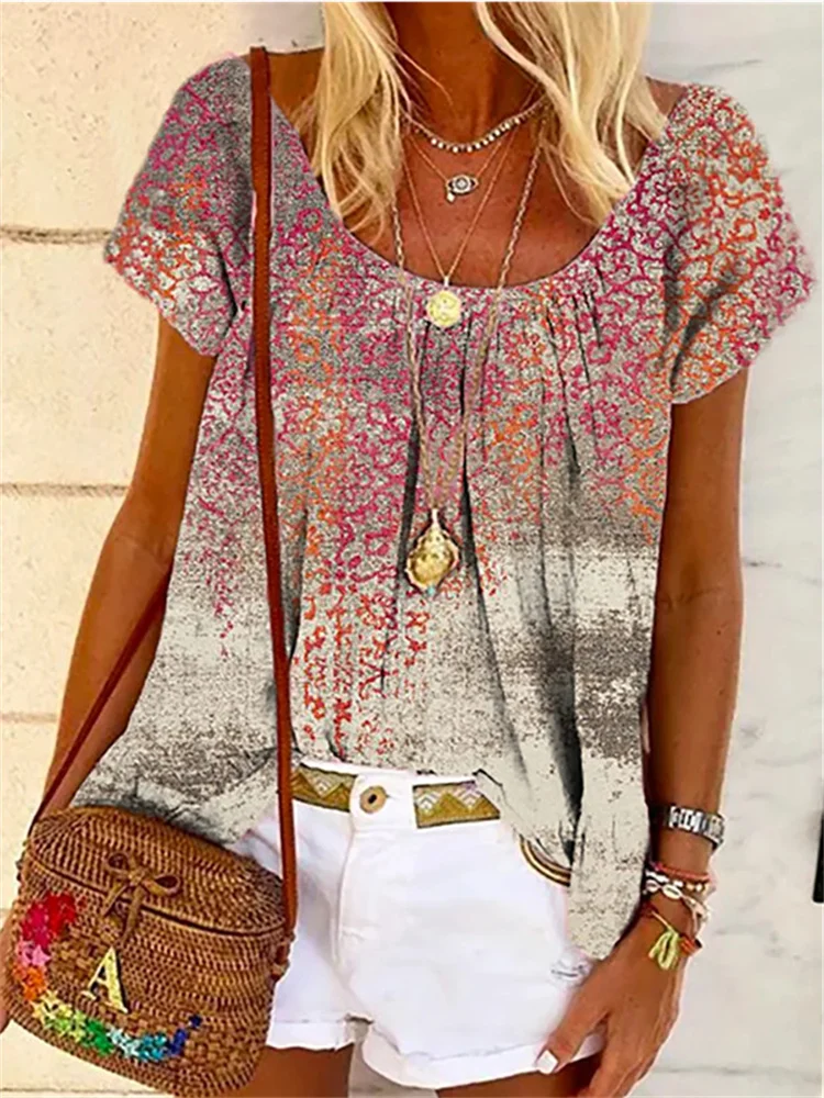 Ethnic Distressed Art Pinched Collar T Shirt