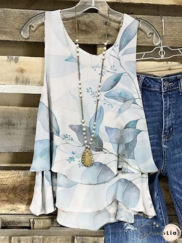 Tank Top White Blue Green Floral Print Sleeveless Casual Basic Round Neck Regular S for Women