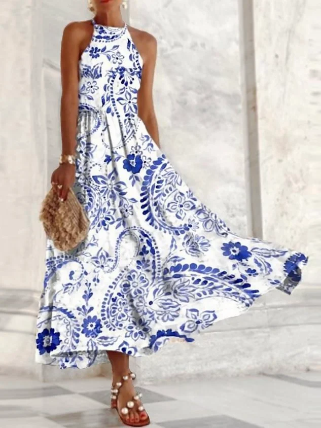 Vacation Tribal Floral Boho Loosen Halter Sleeveless Long Woven beach dresses