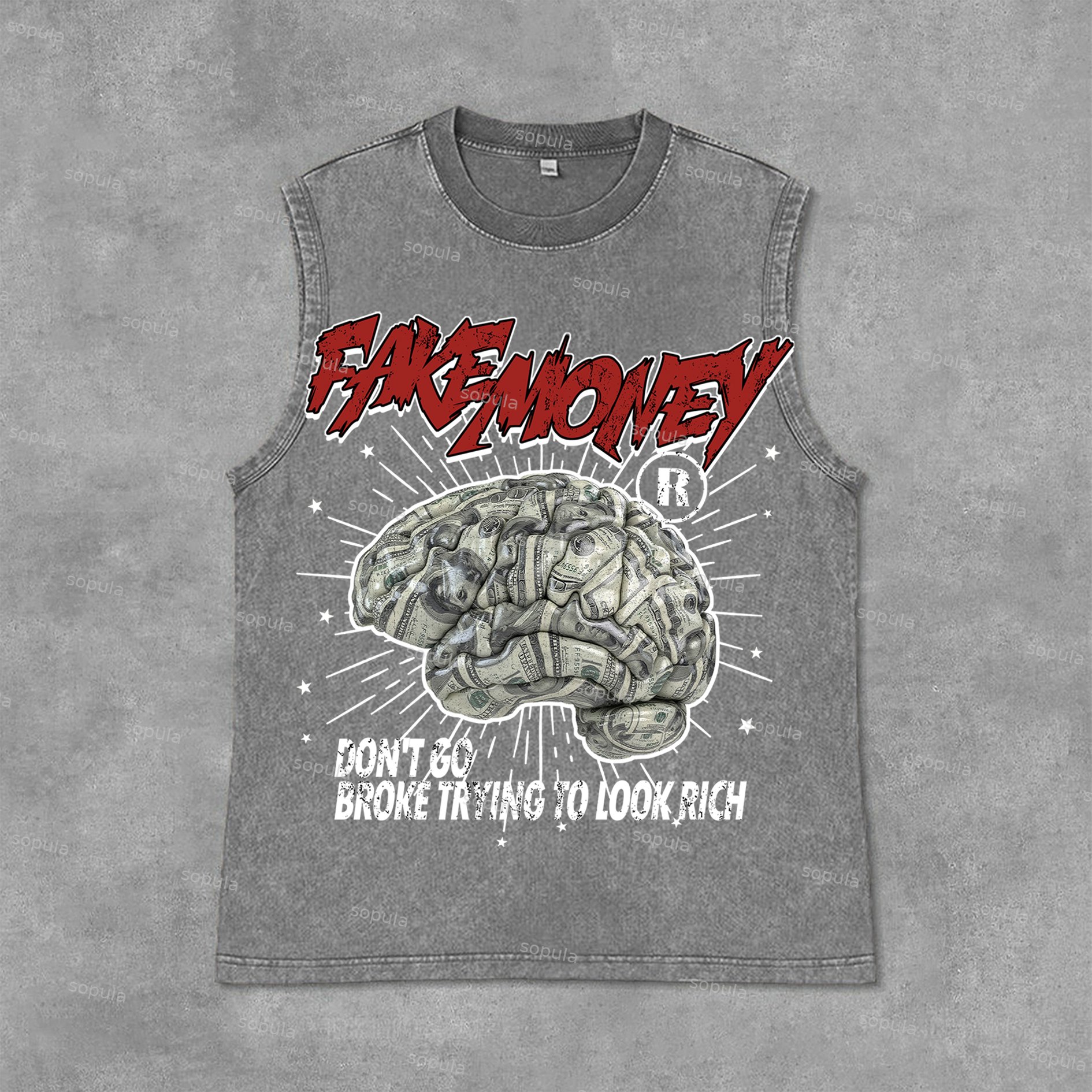 Sopula Don't Go Broke Trying To Look Rich Graphic Print Acid Washed Sleeveless Tank Top