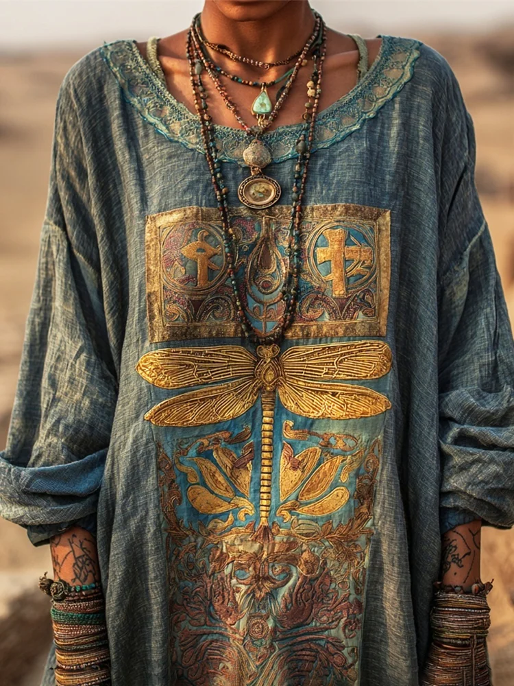 Vintage Egyptian Dragonfly Pattern Women's Linen Loose Long Tee