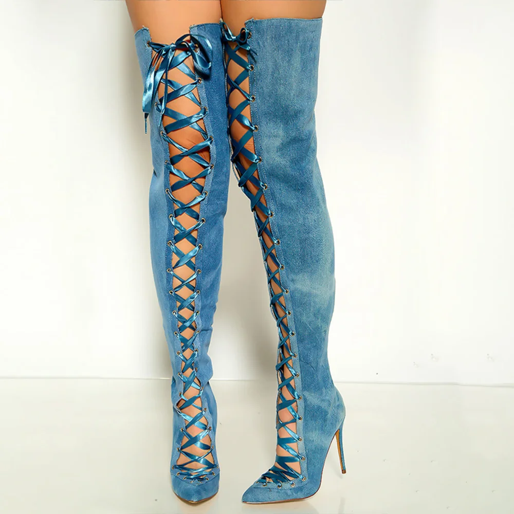 Blue Lace Up Heels Over The Knee High Boots