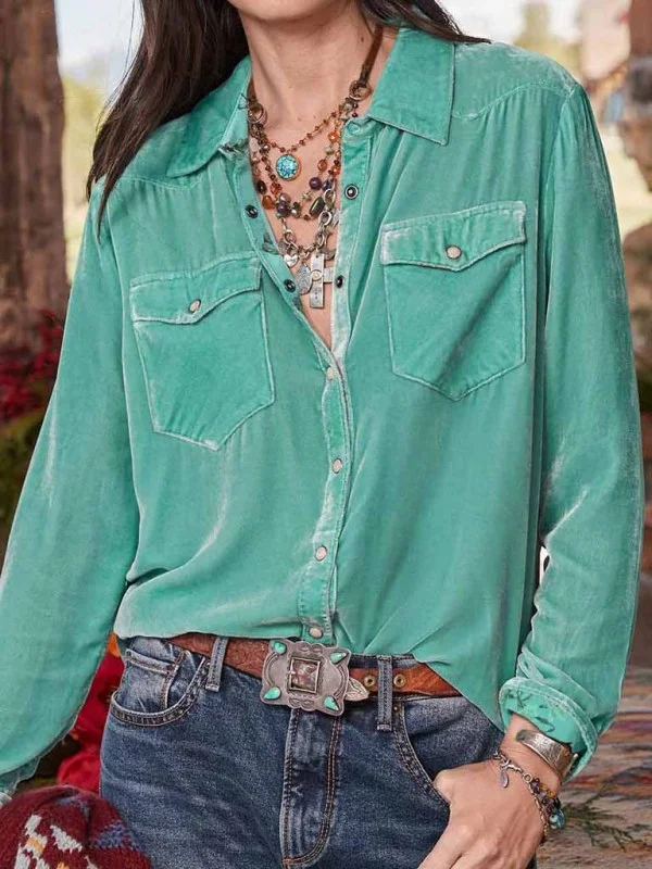 Women's Solid Color Velvet Button-up Long-sleeve Shirt Flusfy