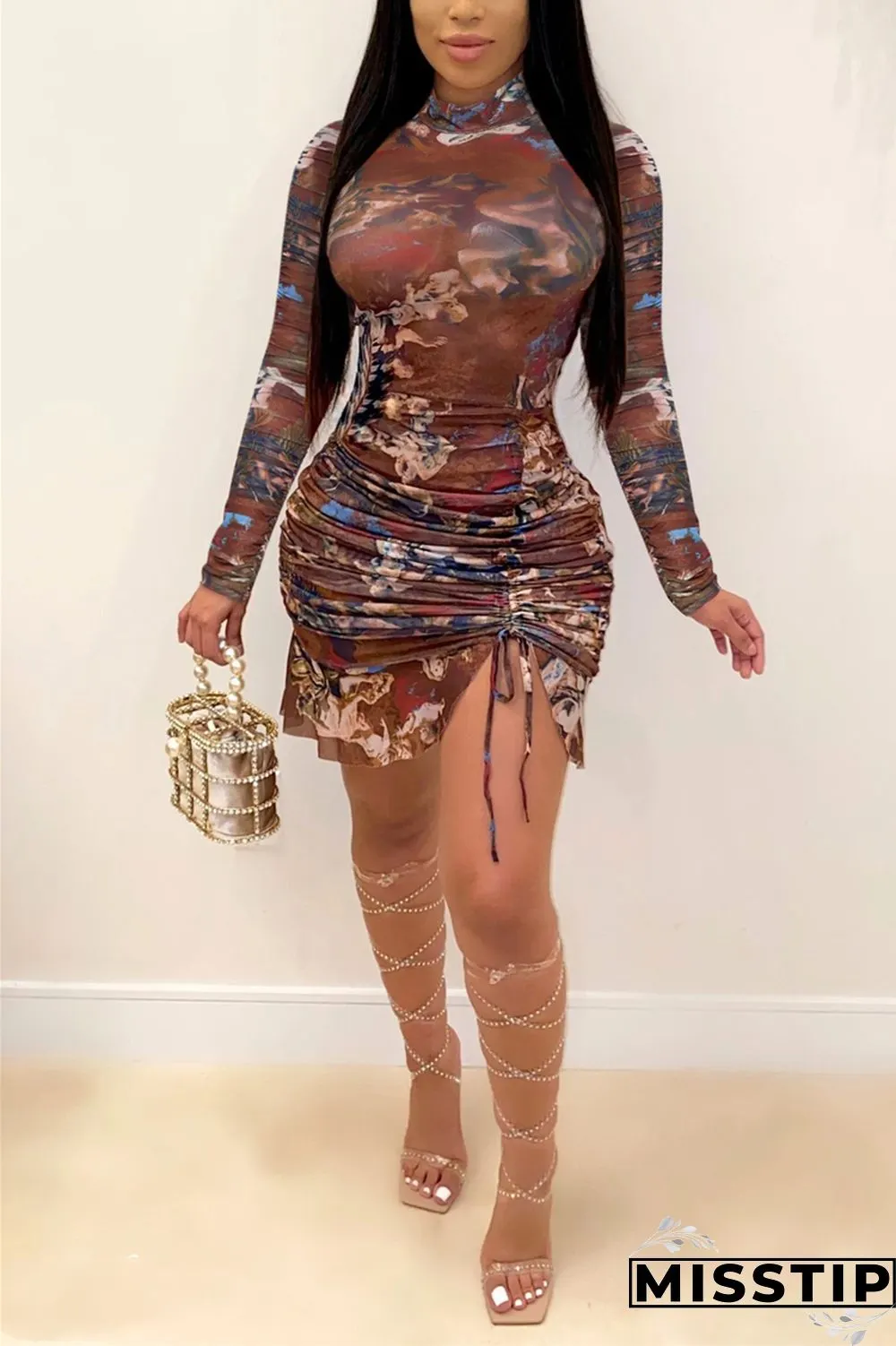 Blue Sexy Sleeve Long Sleeve Half A Turtleneck Asymmetrical Mini Print Dresses