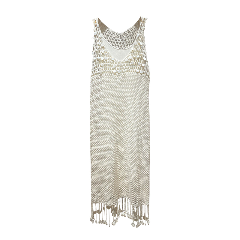 Usasaleprint Elegant Knitted Hollow out Long Dress for Women Summer Season Sleeveless V-Neck Midi Dress Tassel Design Slim Fit Gown