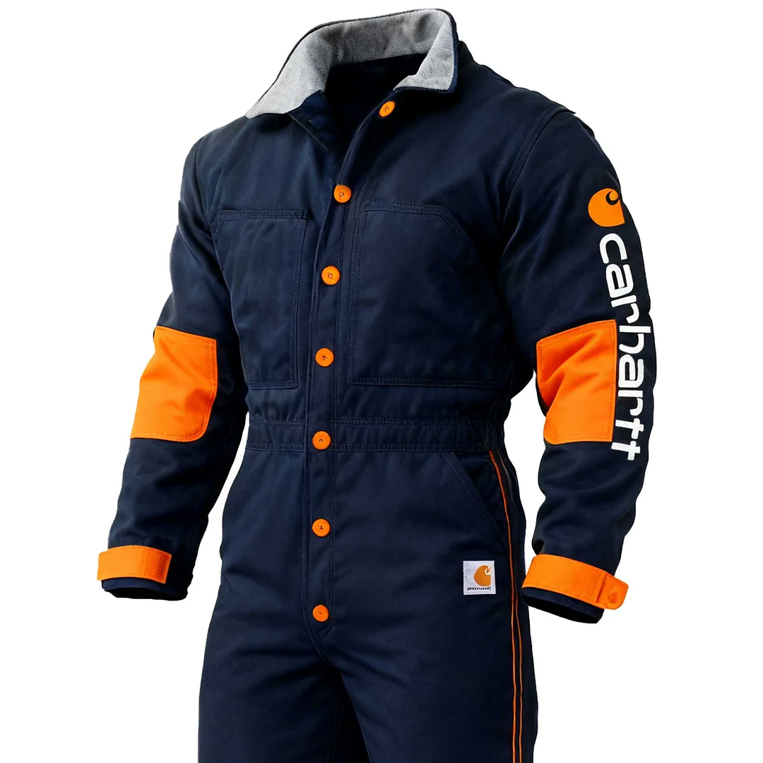 Men's Vintage Dark Blue Duck Work Insulated Coverall Long Sleeve Jumpsuit