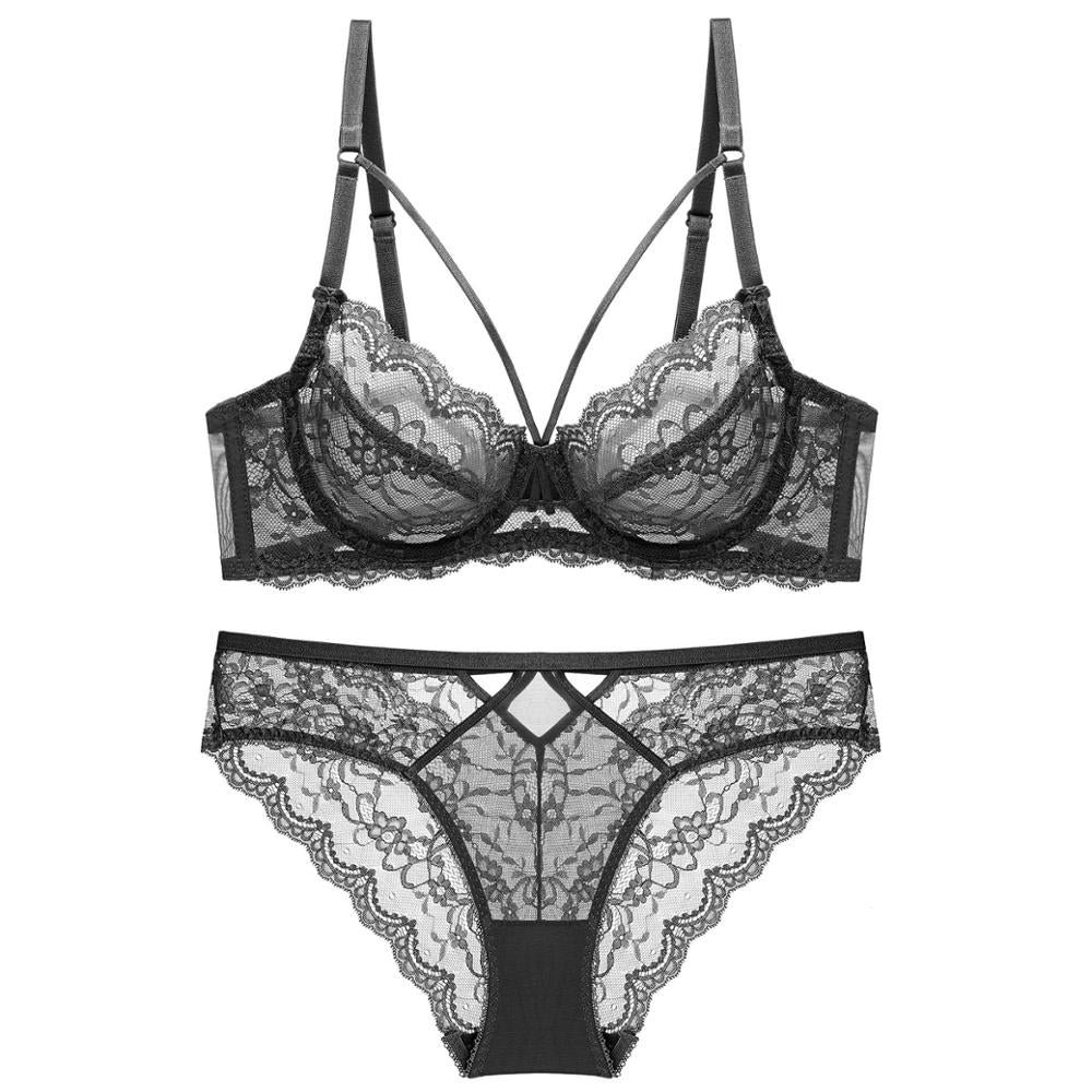 CINOON New Plus Size Lace Bra Set Push Up Bras and Panty Set Classic Bandage Underwire Lingerie Set Sexy Ultrathin Underwear