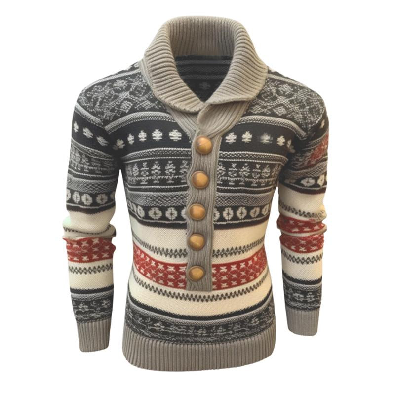 Men's Geometric Jacquard Lapel Pullover Sweater