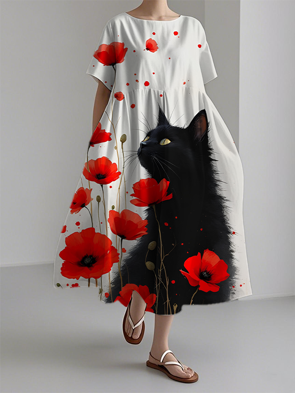Women's Black Cat And Red Flowers Painting Print Short Sleeve Dress