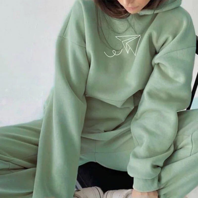 Women's Tracksuit Print Fleece Sportwear Suit Long Sleeve Oversize Female Hoodie Suits 2021 Sprig Casual Tracksuits Pants Set