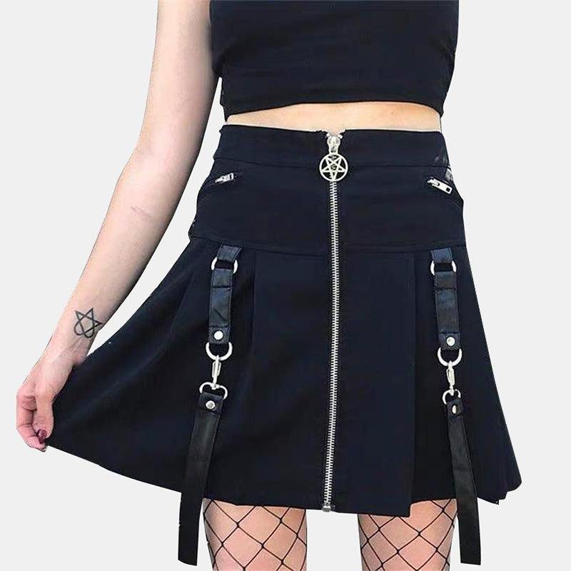 Black/Red Plaid Pentagram Zipper Skirt