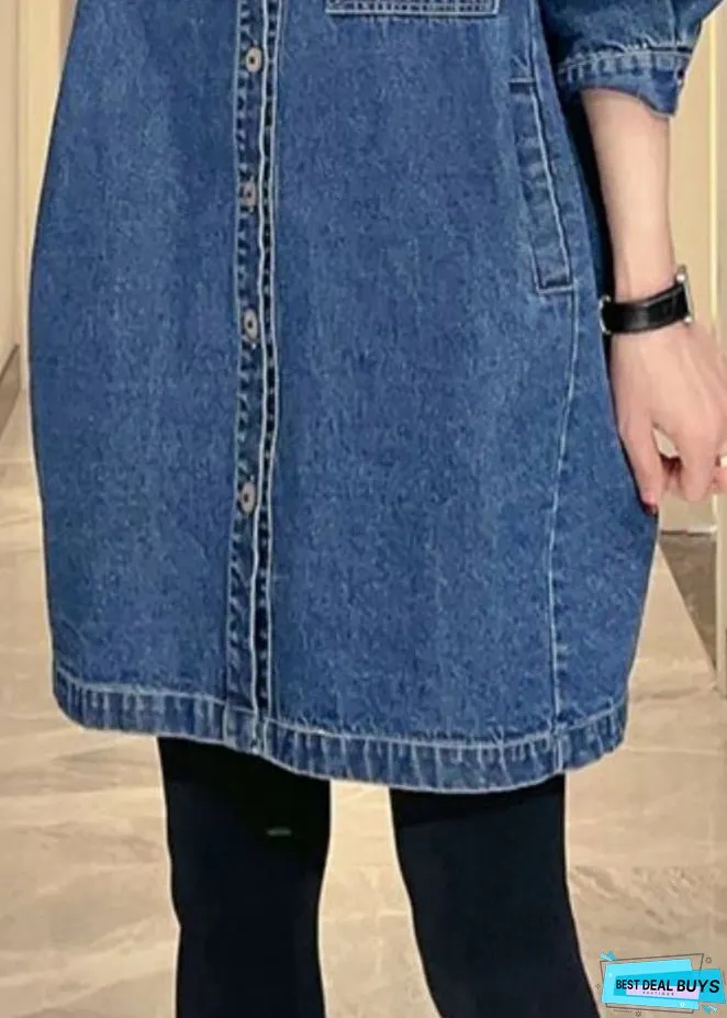 Women Denim Blue Pockets Patchwork Button Coat Fall