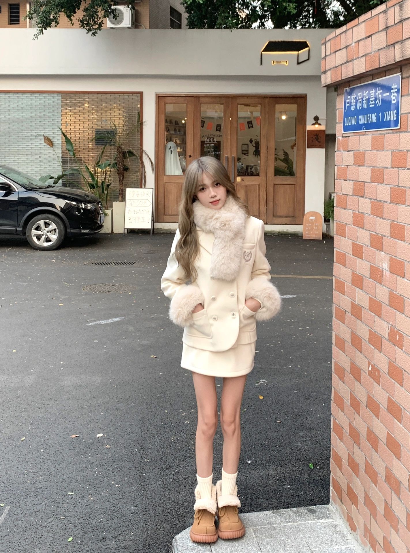Elegant 2 piece Set Women Blazer Fuax Fur Patchwork Long Sleeve Jacket Mini Skirt Solid Suit Autumn Winter Korean Casual Outfits