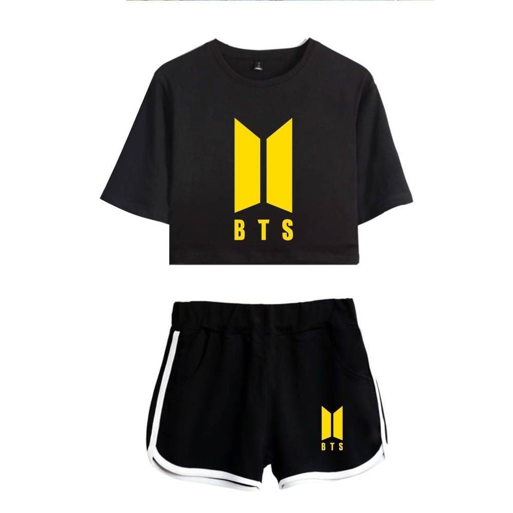 BTS Printed Round Neck Short Sleeve T-shirt Pocket Short Casual Trousers Suits