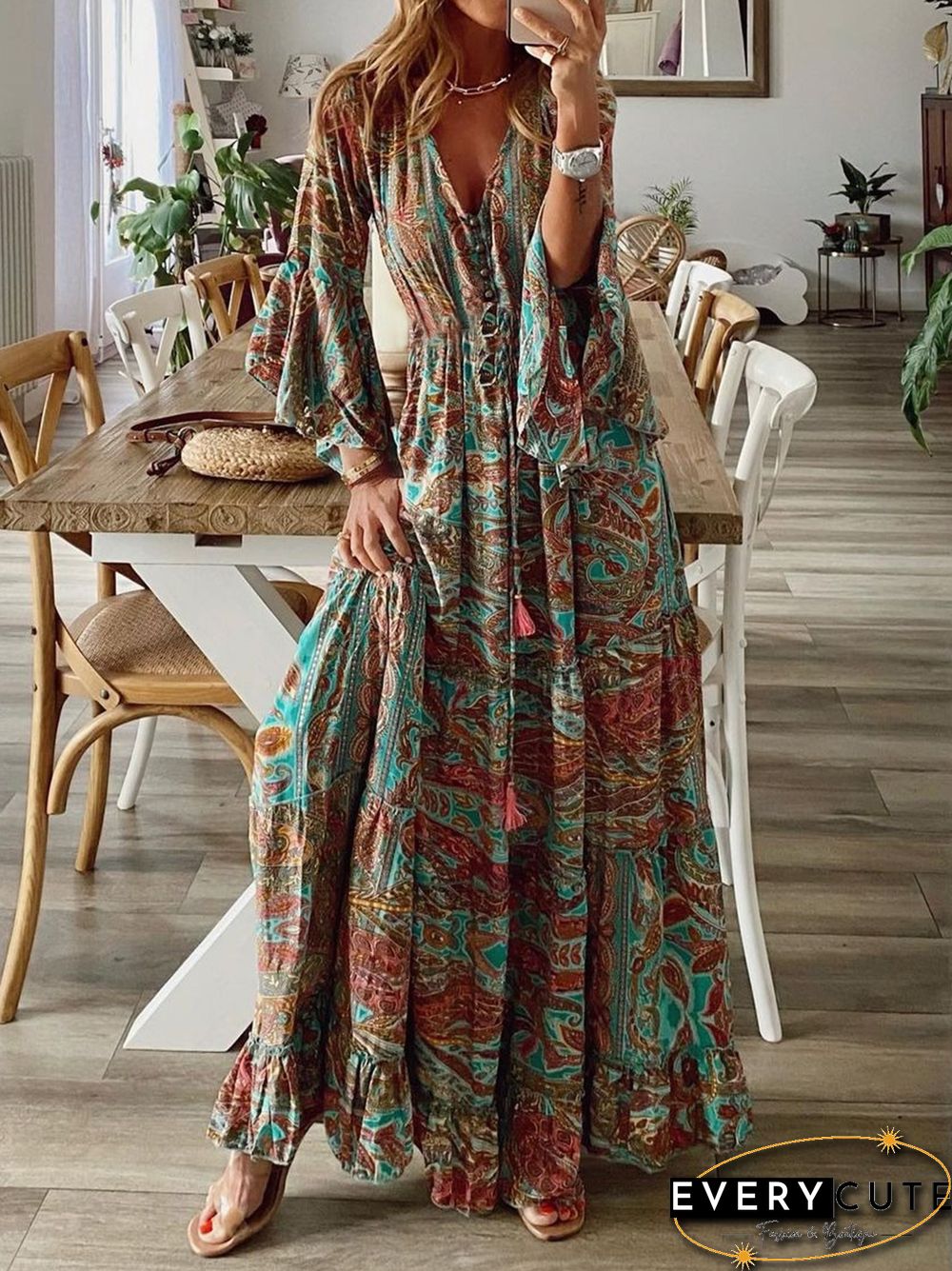 New Women Chic Plus Size Vintage Boho Hippie Shift Holiday Floral 3/4 Sleeve Weaving Dress