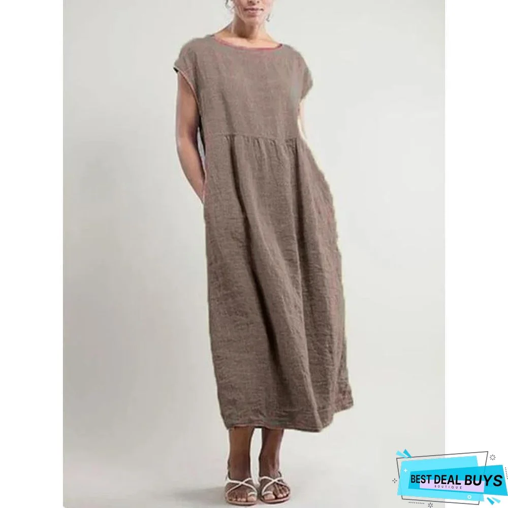 Women Crew Neck Shift Daily Cotton Pockets Dresses Linen