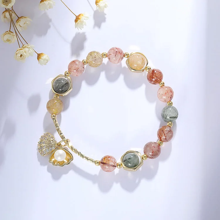 Olivenorma Colorful Rutilated Quartz Beaded Shell Pendant Bracelet