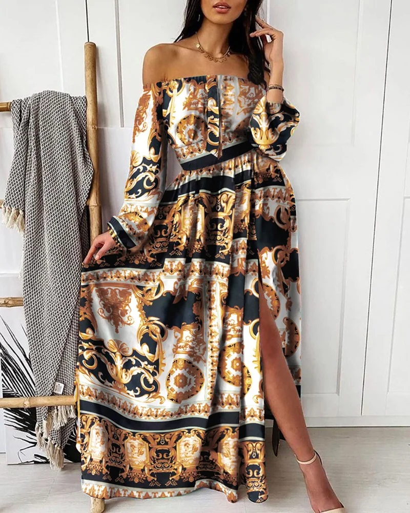 Uveng Uveng New Evening Dress Print Dress V Collar Retro Long Sleeves Open Fork Dress