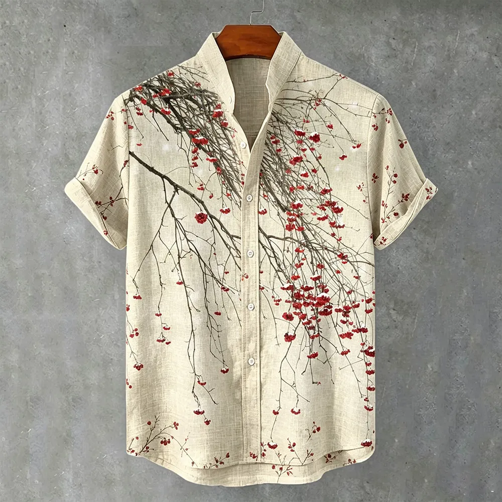 Vintage Winter Floral Art Casual Blend Cotton And Linen Short-sleeved Shirt  artssus