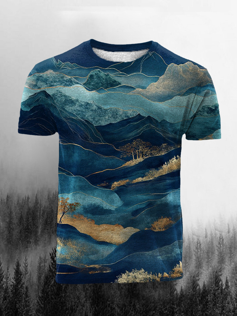 Men's Blue Mountain Print Casual Short Sleeve T-shirt